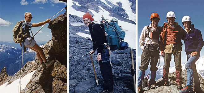 Left to right: Jim Lea; John Burroughs on Mount Adams in the early 70's; John, Tex and David Burroughs in 1985